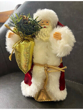 Vintage Santa Christmas Figurine, Tree Topper Holding Gold Sack